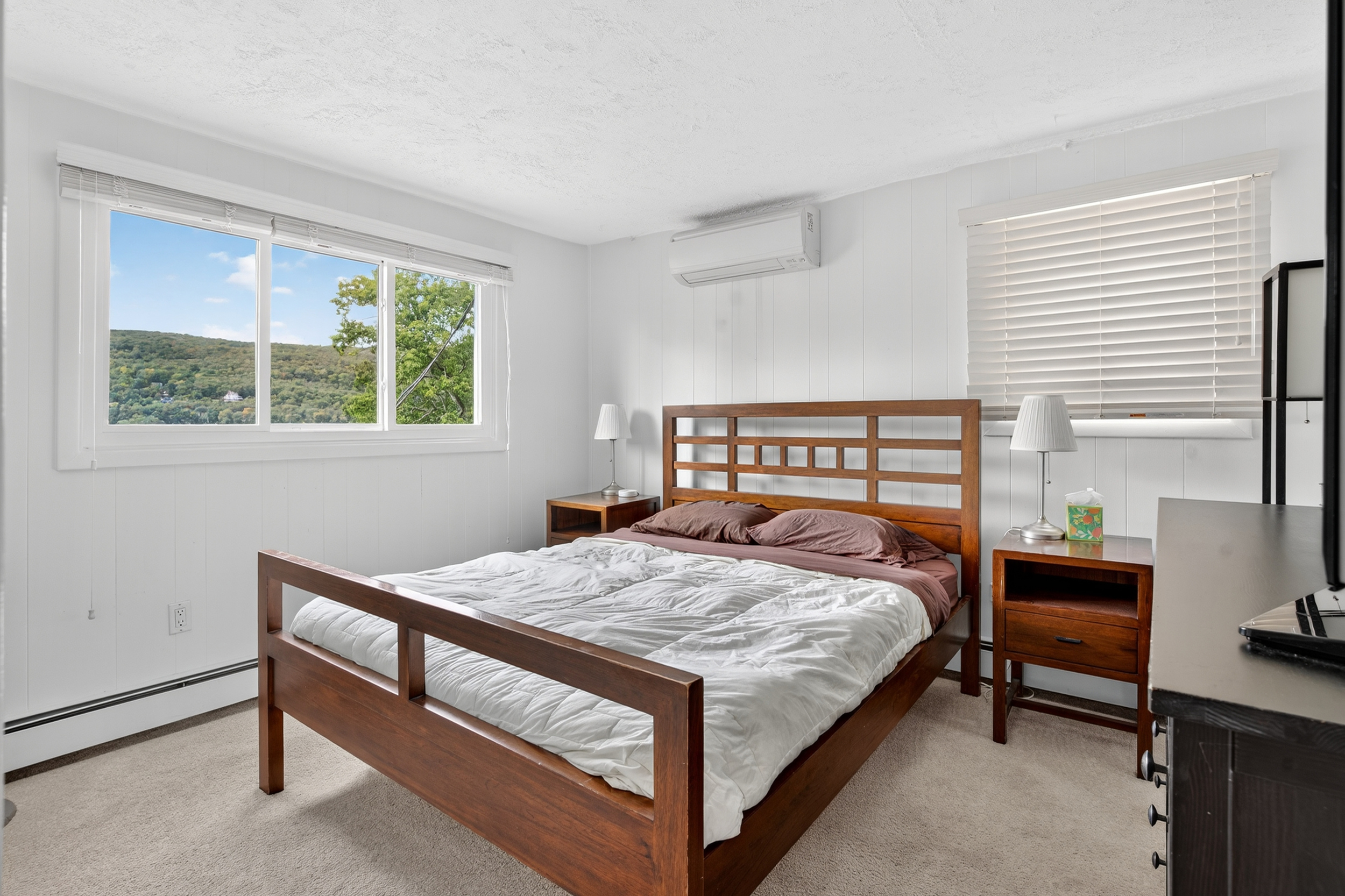 Queen bed with lake views